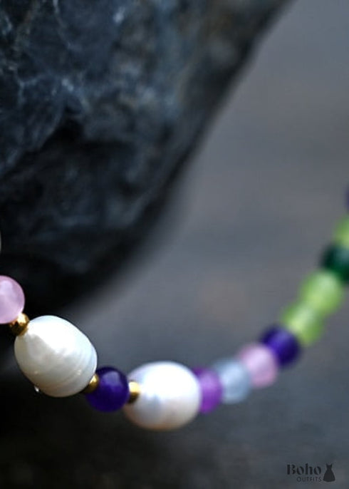Boho Necklace, Seed Bead Choker, Crystal Pearl